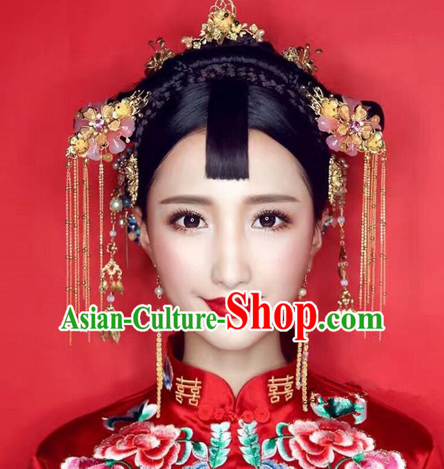 Top Grade Chinese Handmade Wedding Pink Jade Flower Hair Accessories, Traditional China Xiuhe Suit Phoenix Coronet Bride Hanfu Tassel Hairpins Complete Set for Women