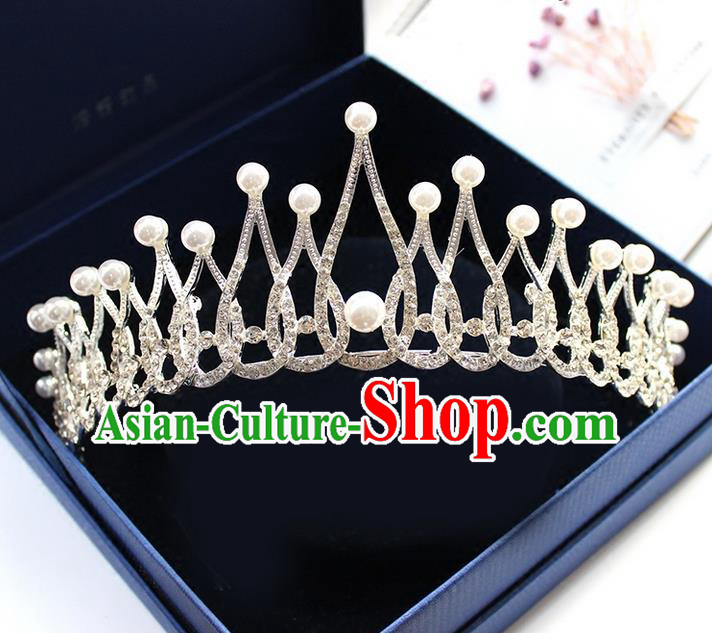 Top Grade Handmade Wedding Bride Hair Accessories Pearl Crown, Traditional Baroque Princess Crystal Royal Crown Wedding Headpiece for Women