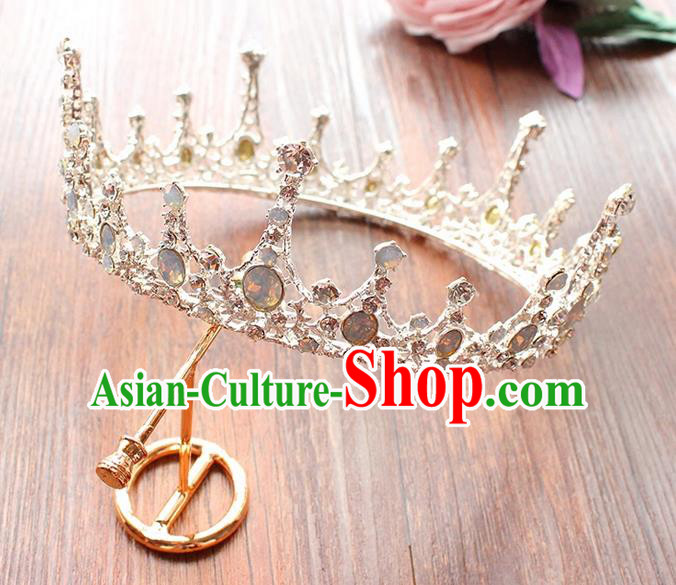 Top Grade Handmade Wedding Bride Hair Accessories Round Opal Crown, Traditional Baroque Princess Crystal Royal Crown Wedding Headpiece for Women
