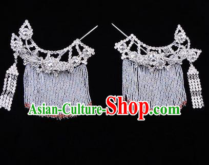 Chinese Ancient Peking Opera Head Accessories Diva White Crystal Tassel Hairpins Temples Curtain, Traditional Chinese Beijing Opera Princess Hua Tan Hair Clasp Head-ornaments