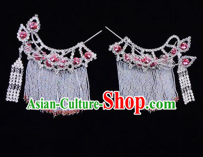 Chinese Ancient Peking Opera Head Accessories Diva Pink Crystal Tassel Hairpins Temples Curtain, Traditional Chinese Beijing Opera Princess Hua Tan Hair Clasp Head-ornaments