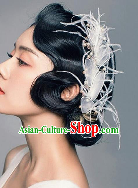 Top Grade Handmade Wedding Bride Hair Accessories Headwear, Traditional Princess Baroque Feather Hair Clasp Headpiece for Women