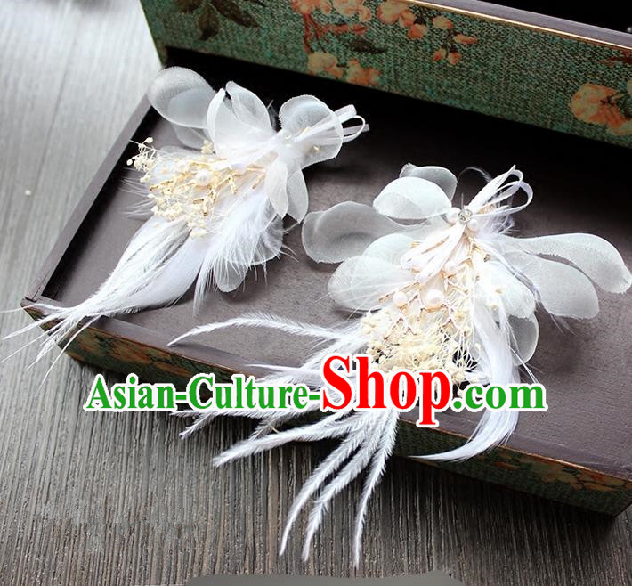 Top Grade Handmade Wedding Bride Hair Accessories Headwear, Traditional Princess Baroque White Feather Hair Claws Headpiece for Women