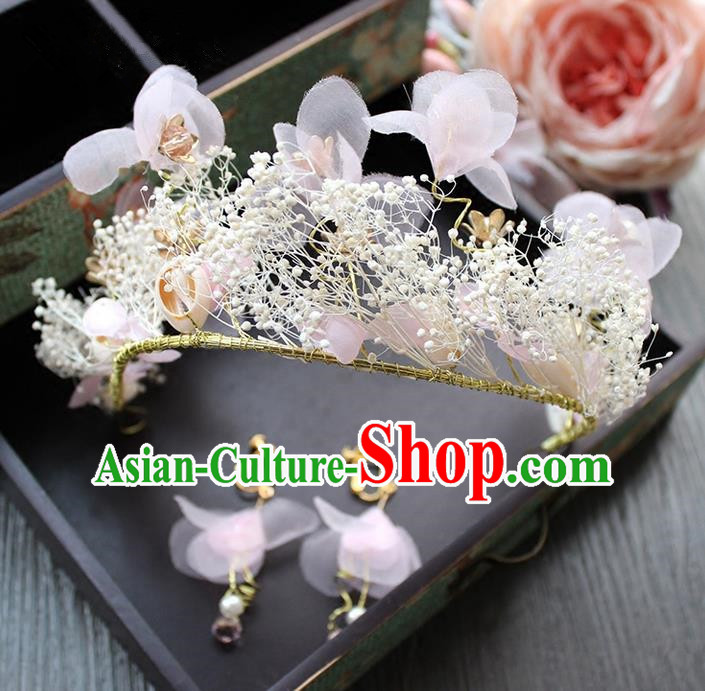 Top Grade Handmade Wedding Bride Hair Accessories Headwear and Earrings, Traditional Baroque Queen Pink Silk Royal Crown Wedding Headpiece for Women