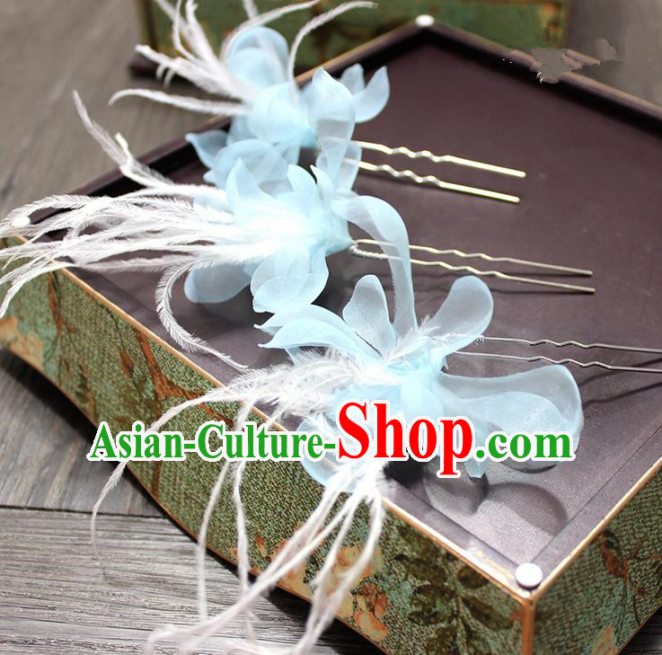 Top Grade Handmade Wedding Bride Hair Accessories Hairpins, Traditional Baroque Queen Feather Blue Silk Hair Stick Wedding Headpiece for Women