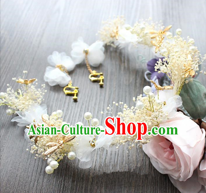 Top Grade Handmade Wedding Bride Hair Accessories Hair Clasp, Traditional Baroque Queen Feather Hairpins and Earrings Wedding Headpiece for Women