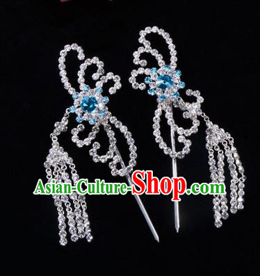 Chinese Ancient Peking Opera Head Accessories Diva Blue Crystal Hairpins Tassel Step Shake, Traditional Chinese Beijing Opera Princess Hua Tan Hair Clasp Head-ornaments