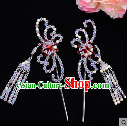 Chinese Ancient Peking Opera Head Accessories Diva Red Colorful Crystal Hairpins Tassel Step Shake, Traditional Chinese Beijing Opera Princess Hua Tan Hair Clasp Head-ornaments