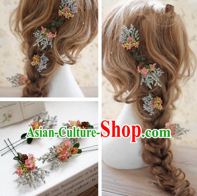 Top Grade Handmade Wedding Bride Hair Accessories Hairpins Complete Set, Traditional Princess Pink Flowers Wedding Headwear for Women