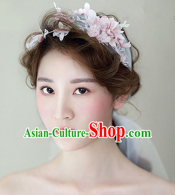 Top Grade Handmade Wedding Bride Hair Accessories Pink Flowers Hair Band, Traditional Princess Wedding Headwear for Women