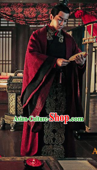 Traditional Ancient Chinese Three Kingdoms Period Prince Costume, The Advisors Alliance Nobility Childe Robe Clothing and Headpiece Complete Set