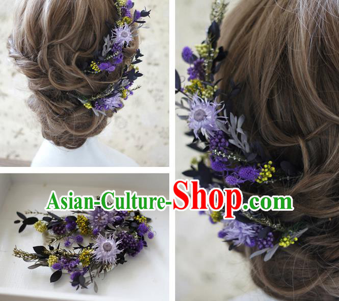 Top Grade Handmade Wedding Bride Hair Accessories Purple Flowers Hairpins, Traditional Princess Baroque Headpiece Complete Set for Women