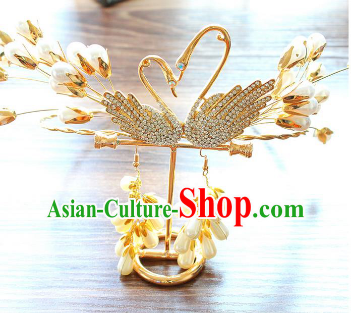 Top Grade Handmade Wedding Bride Hair Accessories Swan Hair Band, Traditional Princess Wedding Golden Hair Clasp Headwear for Women