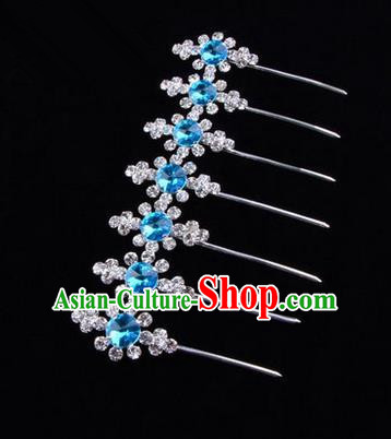 Chinese Ancient Peking Opera Head Accessories Diva Blue Crystal Hairpins, Traditional Chinese Beijing Opera Princess Hua Tan Hair Clasp Head-ornaments