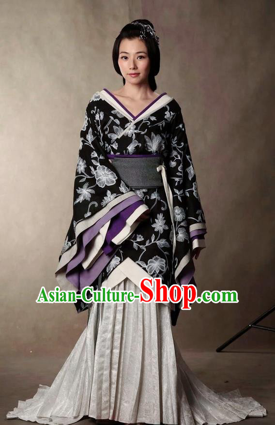 Traditional Ancient Chinese Imperial Noblewoman Costume and Headpiece Complete Set, Elegant Hanfu Clothing Chinese Han Dynasty Dowager Embroidered Dress Clothing