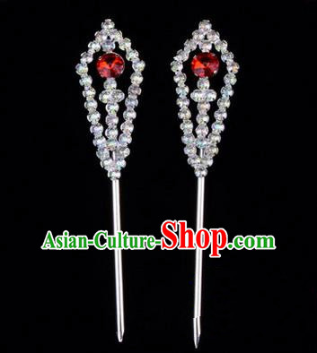 Chinese Ancient Peking Opera Head Accessories Diva Red Crystal Pointed Temples Hairpins, Traditional Chinese Beijing Opera Princess Hua Tan Hair Clasp Head-ornaments