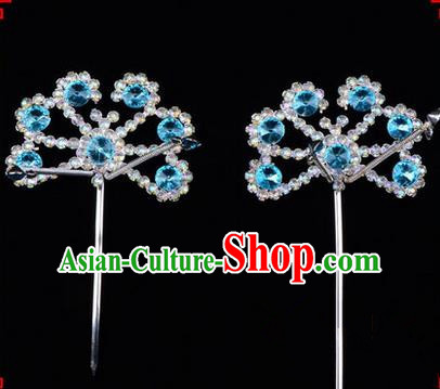 Chinese Ancient Peking Opera Hair Accessories Young Lady Diva Blue Crystal Beads Hairpins, Traditional Chinese Beijing Opera Hua Tan Head Ornaments Hair Clasp