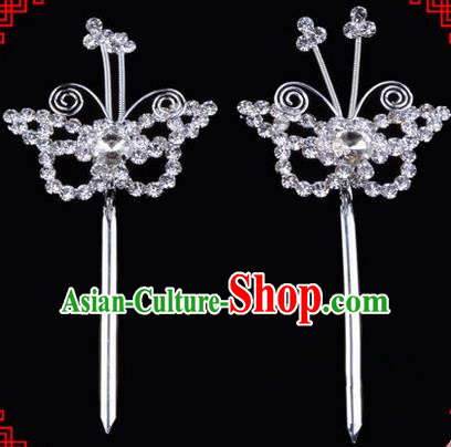 Chinese Ancient Peking Opera Head Accessories Diva White Crystal Hairpins, Traditional Chinese Beijing Opera Princess Hua Tan Butterfly Hair Clasp Head-ornaments