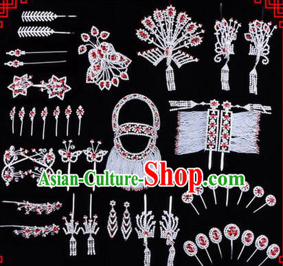 Chinese Ancient Peking Opera Head Accessories Diva Red Crystal Phoenix Coronet Hairpins, Traditional Chinese Beijing Opera Princess Hua Tan Hair Clasp Head-ornaments Complete Set