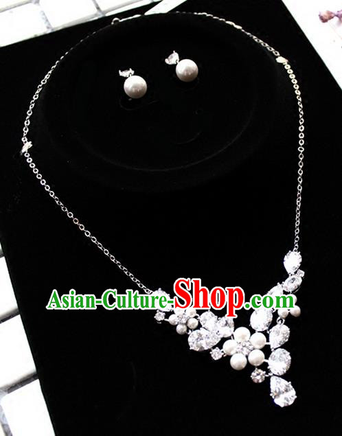 Top Grade Handmade China Wedding Bride Accessories Zircon Necklace and Pearl Earrings, Traditional Princess Wedding Crystal Jewelry for Women