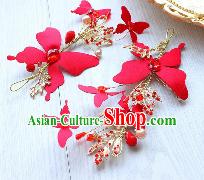 Top Grade Handmade Wedding Bride Hair Accessories Red Butterfly Headwear, Traditional Princess Baroque Hair Stick Headpiece for Women