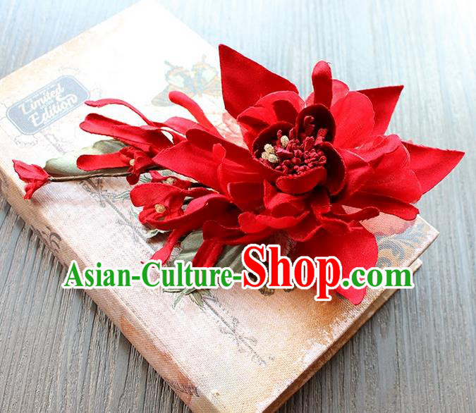 Top Grade Handmade Wedding Bride Hair Accessories Headwear Red Flower Hair Stick, Traditional Princess Baroque Hair Clips Headpiece for Women