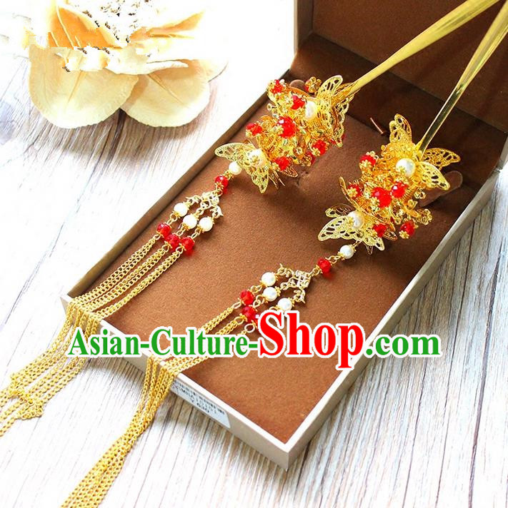Top Grade Chinese Handmade Wedding Agate Beads Hair Accessories, Traditional China Xiuhe Suit Bride Tassel Butterfly Hairpins Headwear for Women