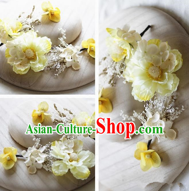 Top Grade Handmade Wedding Bride Hair Accessories Yellow Silk Flower Hair Stick Complete Set, Traditional Princess Baroque Hairpins Headpiece for Women