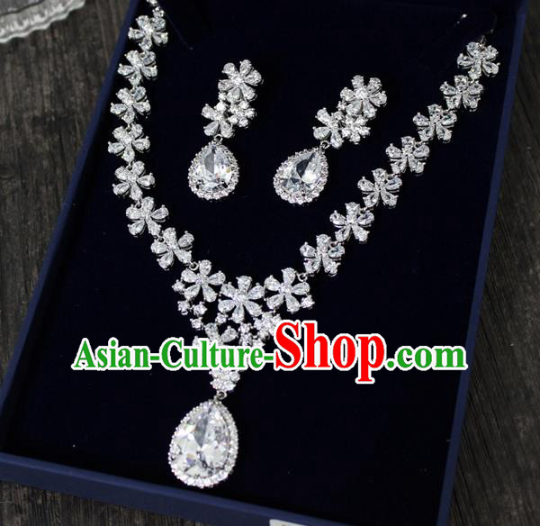 Top Grade Handmade China Wedding Bride Accessories Zircon Necklace and Earrings, Traditional Princess Wedding Crystal Earbob Jewelry for Women
