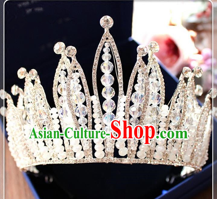 Top Grade Handmade Wedding Hair Accessories Bride Luxury Beads Crown, Traditional Baroque Crystal Royal Crown Wedding Headwear for Women