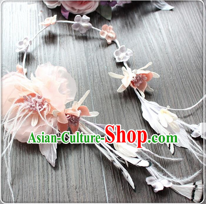 Top Grade Handmade Wedding Bride Hair Accessories Pink Feather Hair Clasp, Traditional Princess Baroque Hair Stick Headpiece Hairpins for Women