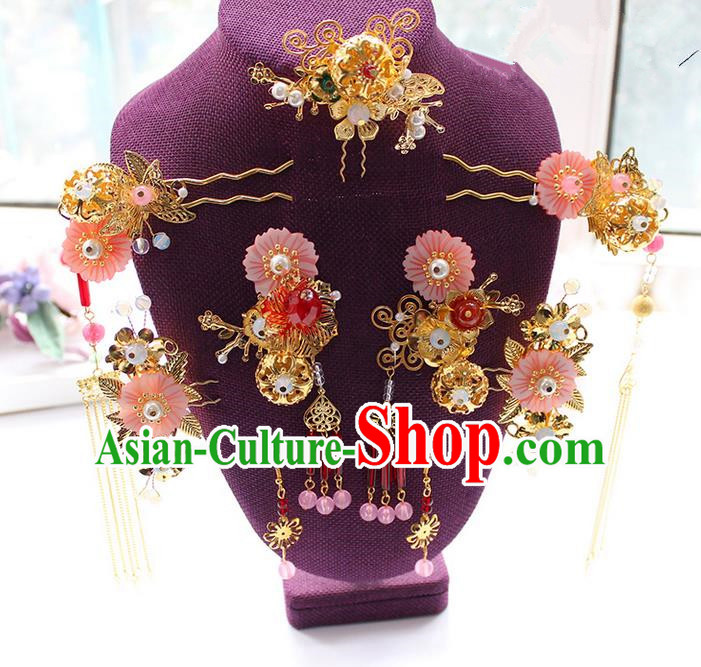 Top Grade Chinese Handmade Wedding Pink Shell Hair Accessories Complete Set, Traditional China Xiuhe Suit Bride Phoenix Coronet Hairpins Headwear for Women