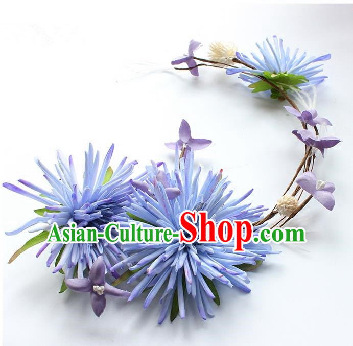 Top Grade Handmade Wedding Bride Hair Accessories Blue Flowers Hair Clasp, Traditional Princess Baroque Flowers Headband Headpiece for Women