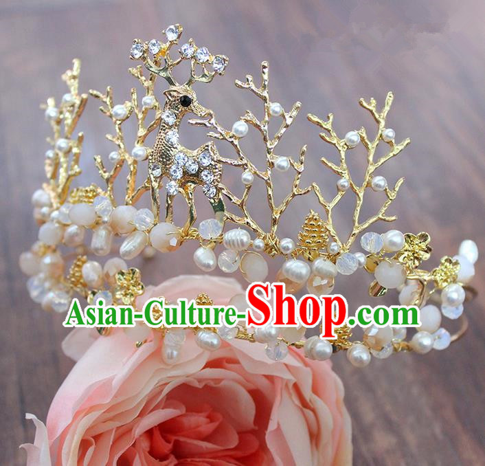 Top Grade Handmade Wedding Hair Accessories Bride Vintage Deer Crown, Traditional Baroque Pearl Royal Crown Wedding Headwear for Women