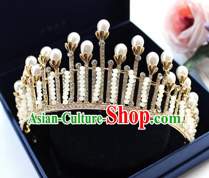 Top Grade Handmade Wedding Hair Accessories Bride Vintage Crystal Beads Crown, Traditional Baroque Pearl Royal Crown Wedding Headwear for Women