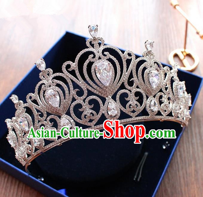 Top Grade Handmade Wedding Hair Accessories Bride Vintage Diamante Crown, Traditional Baroque Queen Zircon Royal Crown Wedding Headwear for Women