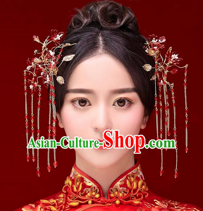 Top Grade Chinese Handmade Wedding Red Hair Accessories, Traditional China Xiuhe Suit Step Shake Bride Crystal Tassel Hairpins Headdress for Women