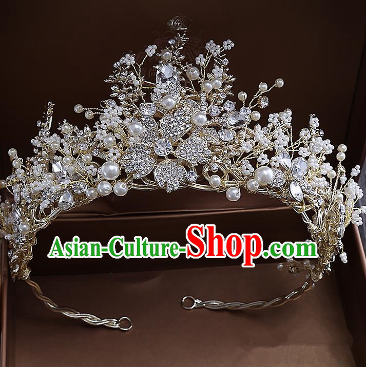 Top Grade Handmade Wedding Hair Accessories Bride Vintage Beads Crown, Traditional Baroque Queen Pearl Royal Crown Wedding Headwear for Women