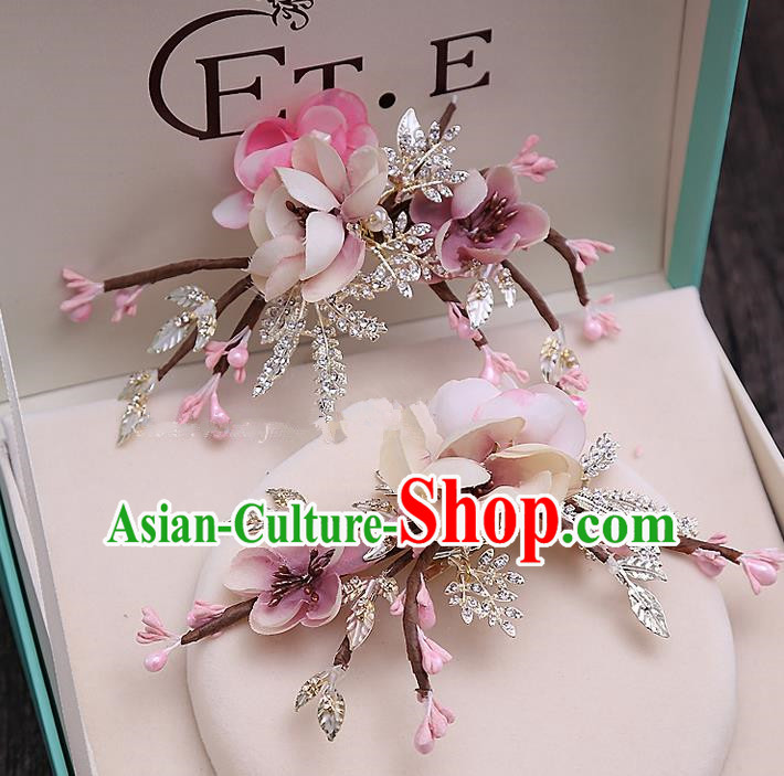 Top Grade Handmade Wedding Bride Hair Accessories Pink Flowers Hair Claw Hairpins, Traditional Baroque Princess Hair Stick Headpiece for Women