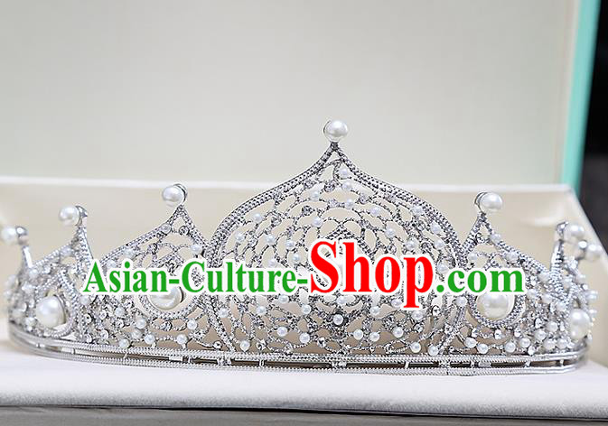 Top Grade Handmade Wedding Hair Accessories Bride Pearl Crown, Traditional Baroque Princess Crystal Royal Crown Wedding Headwear for Women