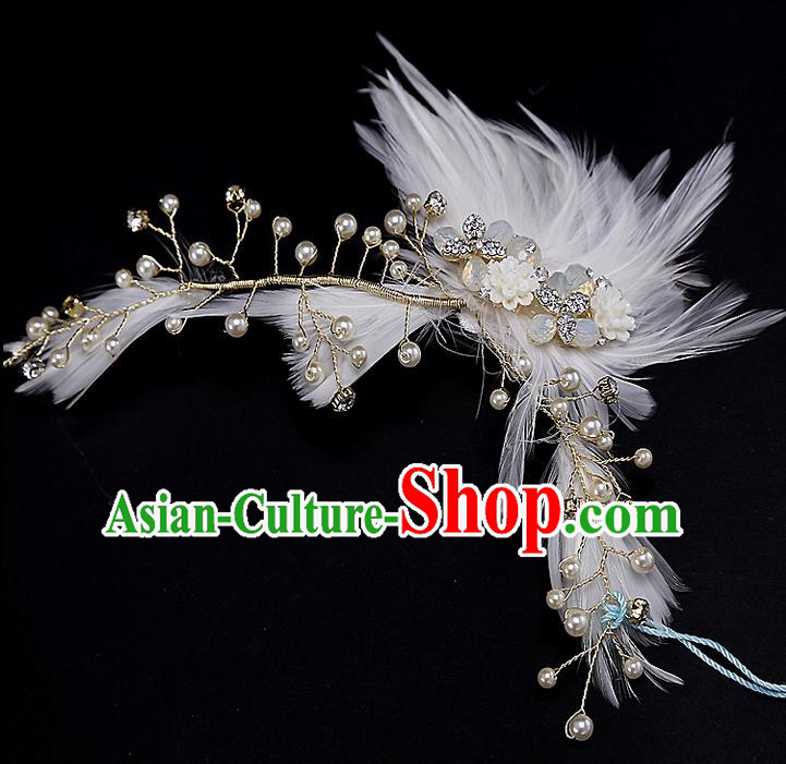Top Grade Handmade Wedding Bride Hair Accessories White Feather Headband Hair Clasp, Traditional Baroque Princess Hair Stick Headpiece for Women