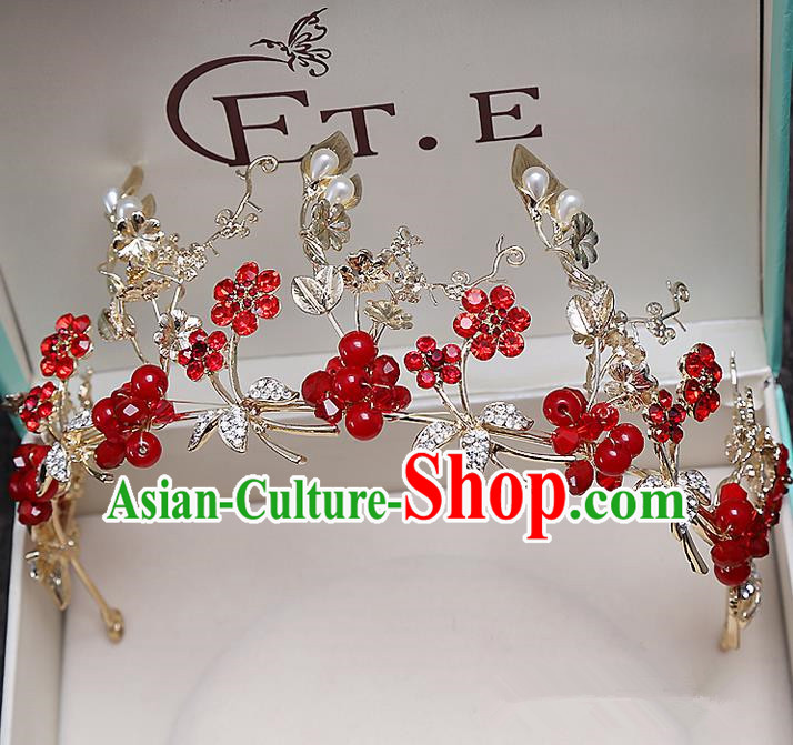 Top Grade Handmade Wedding Hair Accessories Bride Red Crown, Traditional Baroque Princess Crystal Royal Crown Wedding Headwear for Women