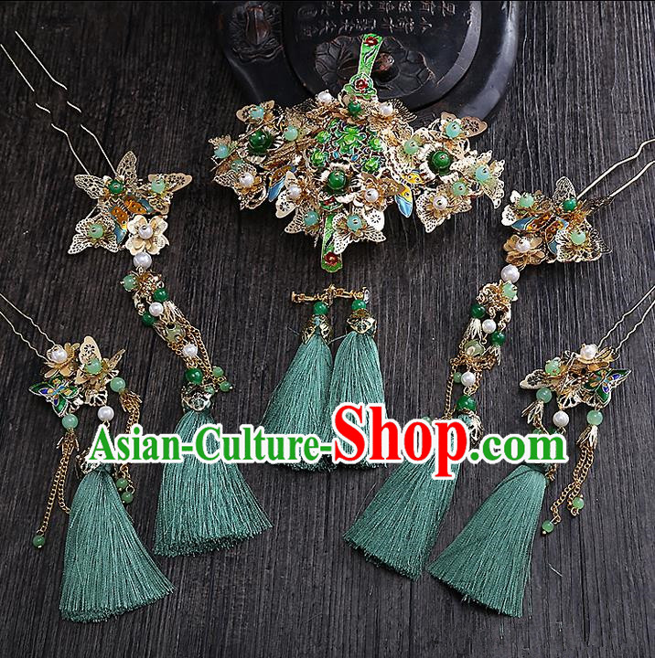 Top Grade Chinese Handmade Wedding Hair Accessories Head Ornament Complete Set, Traditional China Xiuhe Suit Bride Green Tassel Step Shake Headdress for Women