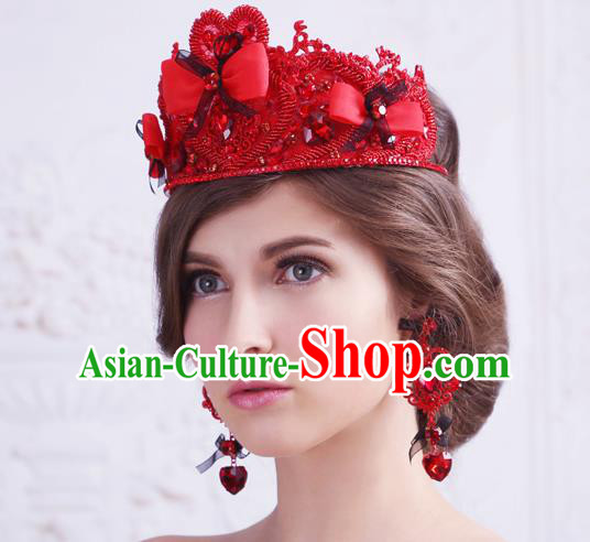 Top Grade Handmade Wedding Hair Accessories Bride Princess Red Crown, Traditional Baroque Queen Retro Crystal Royal Crown Wedding Headwear for Women