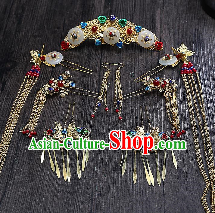 Top Grade Chinese Handmade Wedding Hair Accessories Head Ornament Complete Set, Traditional China Xiuhe Suit Bride Tassel Hairpins Step Shake Headdress for Women