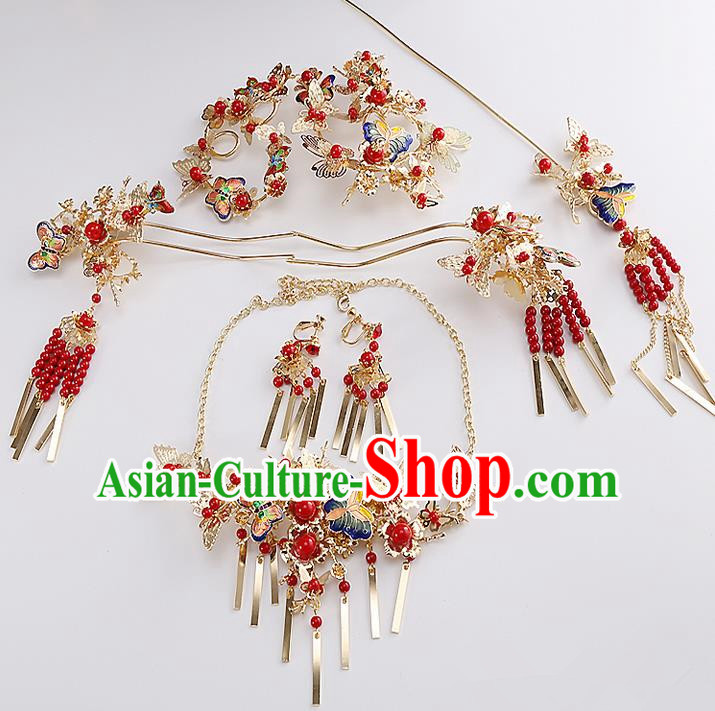 Top Grade Chinese Handmade Wedding Hair Accessories Phoenix Coronet, Traditional China Xiuhe Suit Bride Red Tassel Step Shake Headdress for Women