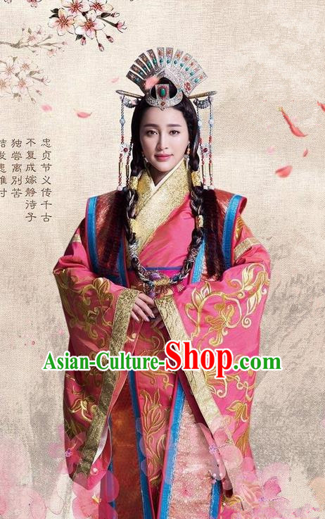 Traditional Ancient Chinese Imperial Princess Costume and Headpiece Complete Set, Chinese Chong Er Preach Chunqiu Period Dynasty Imperial Concubine Embroidered Hanfu Clothing