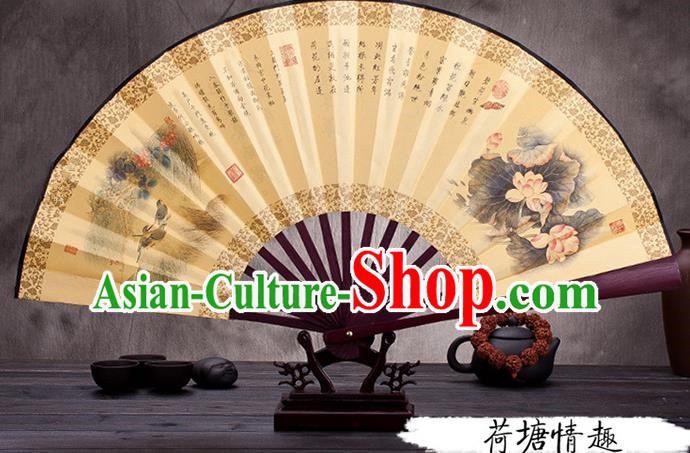 Traditional Chinese Ancient Peking Opera Accessories Scholar Ink Painting Lotus Fan, Traditional Chinese Beijing Opera Young Men Props Folding Fans