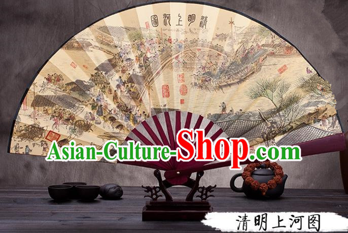 Traditional Chinese Ancient Peking Opera Accessories Scholar Ink Painting Riverside Scene at Qingming Festival Fan, Traditional Chinese Beijing Opera Young Men Props Folding Fans