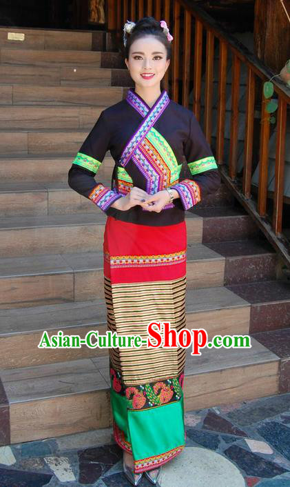 Traditional Traditional Thailand Female Clothing, Southeast Asia Thai Ancient Costumes Dai Nationality Black Sari Dress for Women